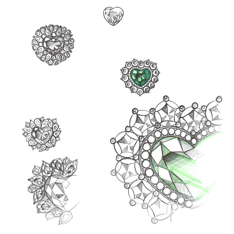 Эскиз кольца с центральным изумрудом огранки сердце