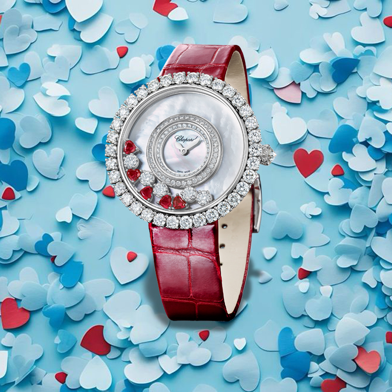 Часы Chopard Happy Diamonds Icons Round Ruby Heart в 37.7 мм корпусе из белого золота с бриллиантами по безелю с 5 плавающими бриллиантами и 5 плавающими рубинами