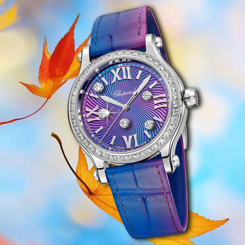 Часы Chopard Happy Sport Purple Night в 33 мм корпусе из стали с бриллиантами по безелю и 5 плавающими бриллиантами внутри