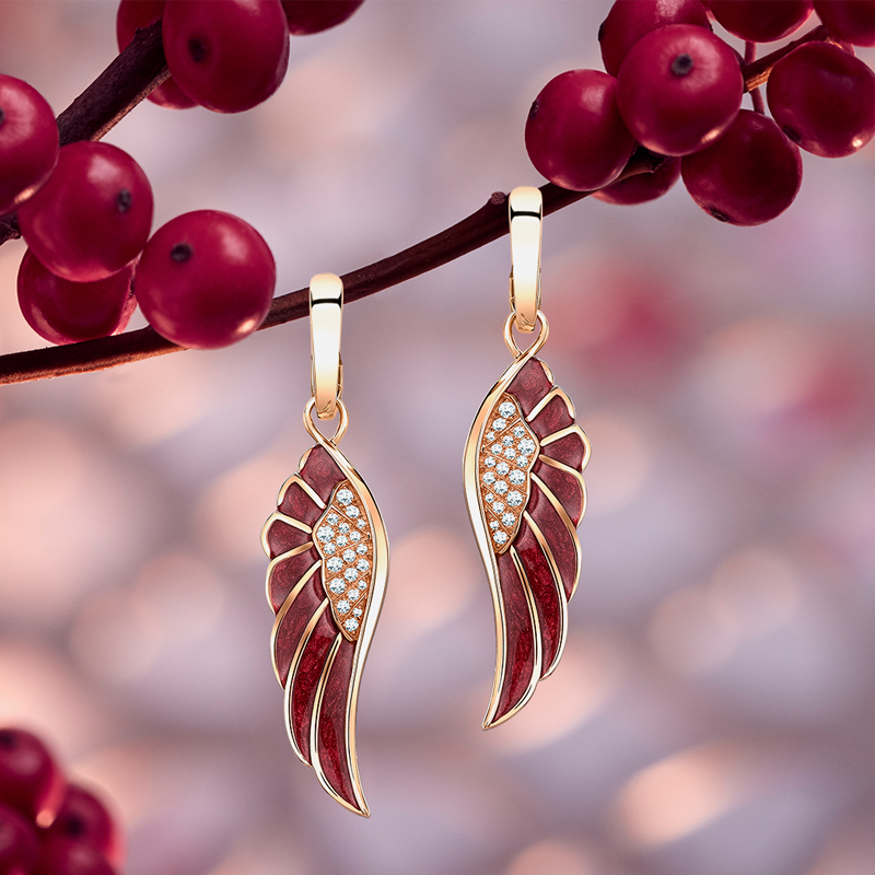 Серьги Garrard Wings Reflection из желтого золота с бриллиантами и красной эмалью 