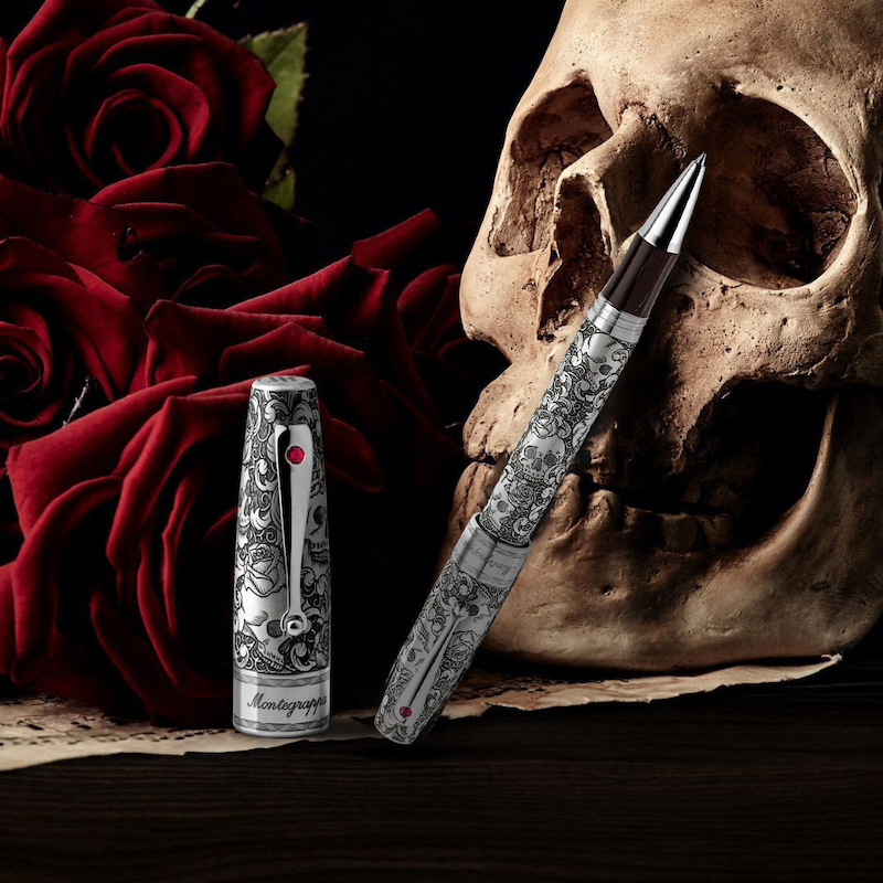 Ручка-роллер Montegrappa Skulls&Roses с отделкой серебром и смолой