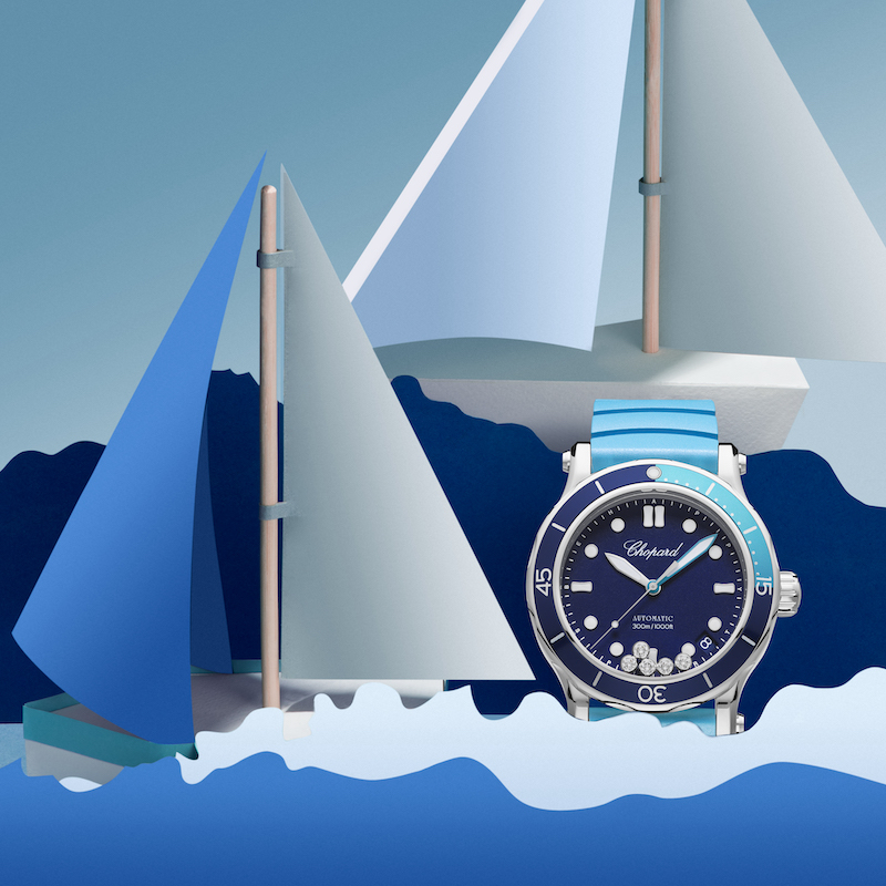 Часы Chopard Happy Ocean в 40 мм корпусе из стали c однонаправленным вращающимся безелем и 5 плавающими бриллиантами